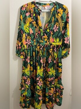 Briton Court XS Floral Leopard Print Dress Colorful Tiered Boho Midi